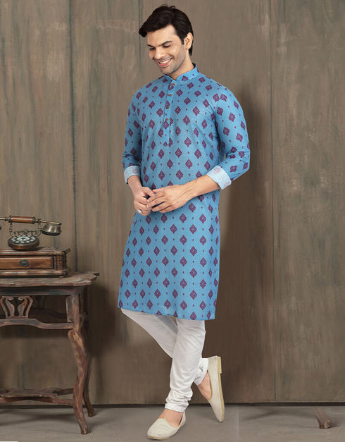 BLUE Kurta COTTON PRINTED FABRIC CHUDIDAR Closure View