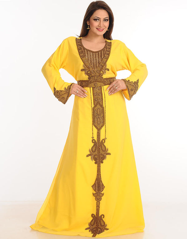 Trendy Yellow Georgette Hand Embroidery Party Wear Kaftan