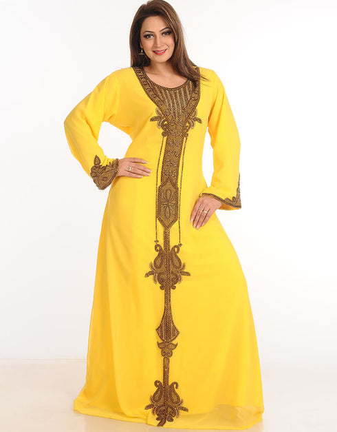 Trendy Yellow Georgette Hand Embroidery Party Wear Kaftan