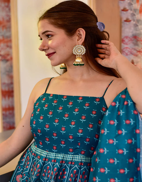 Blue Silk Cotton Pant Anarkali Closure View