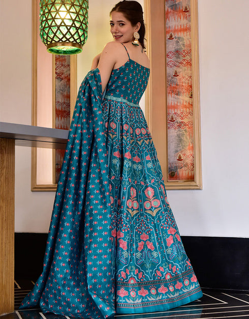 Blue Silk Cotton Pant Anarkali Back View