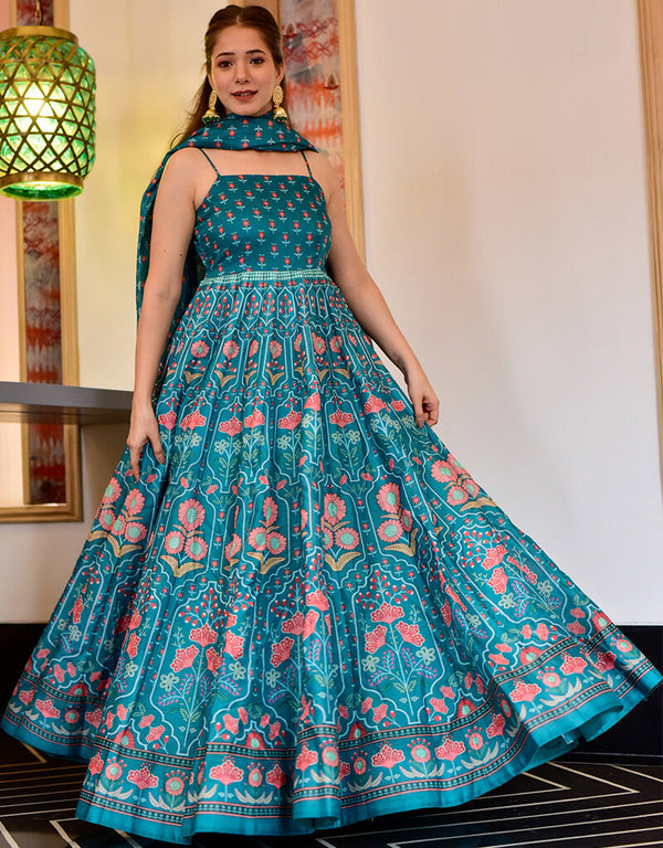 Blue Silk Cotton Pant Anarkali