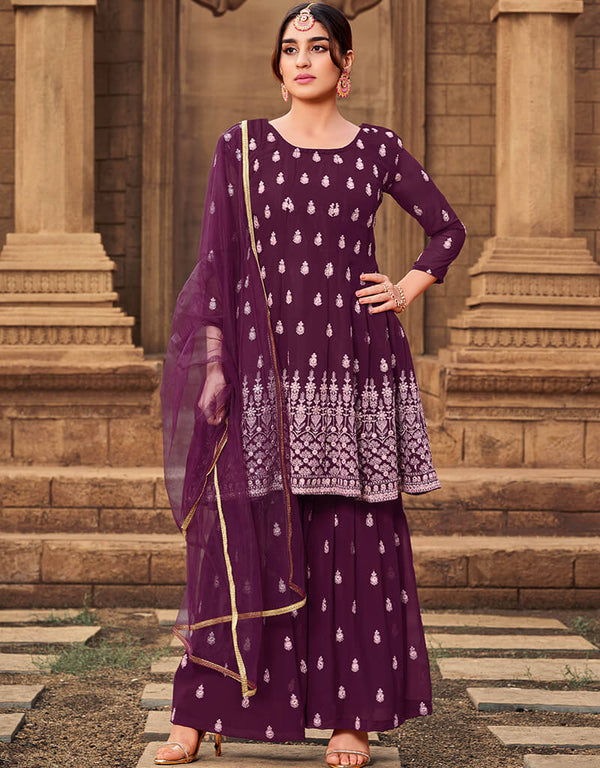 Wine Heavy Georgette Sharara Salwar Suits