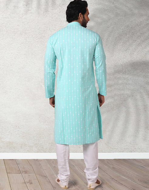 Sea Green Stright Kurta Handloomed In Rich Yarns Of Cotton Churidar Closure View