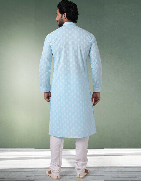 Sky Blue Stright Kurta Handloomed In Rich Yarns Of Cotton Churidar Closure View