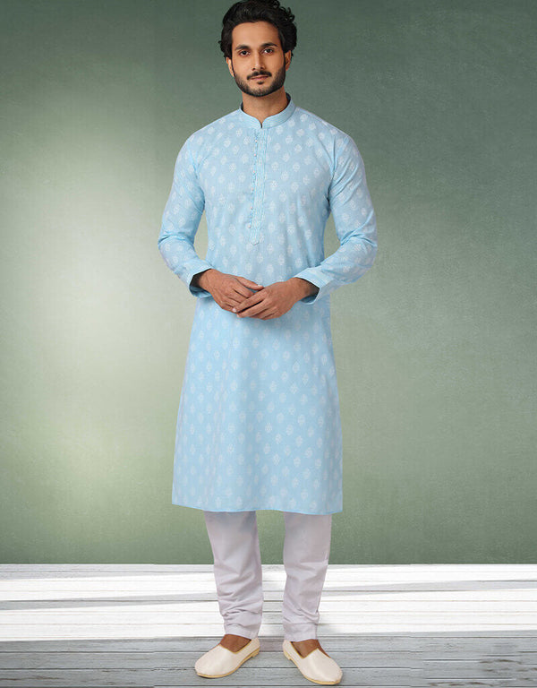 Sky Blue Stright Kurta Handloomed In Rich Yarns Of Cotton Churidar