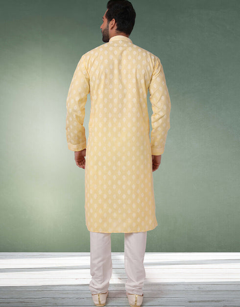 Lemon Stright Kurta Handloomed In Rich Yarns Of Cotton Churidar Closure View