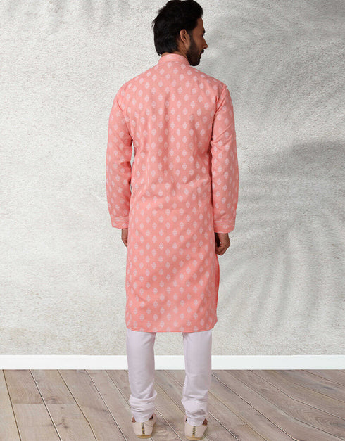 Pink Stright Kurta Handloomed In Rich Yarns Of Cotton Churidar Closure View