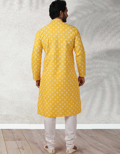 Yellow Stright Kurta Handloomed In Rich Yarns Of Cotton Churidar Closure View