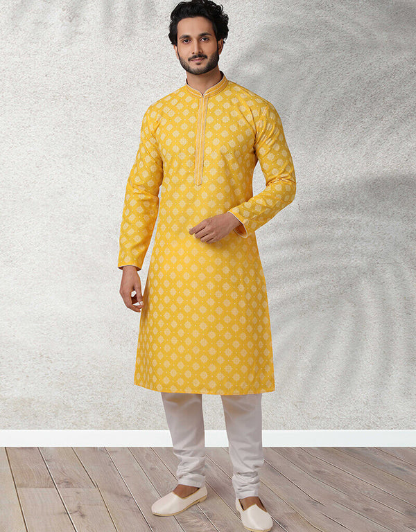 Yellow Stright Kurta Handloomed In Rich Yarns Of Cotton Churidar