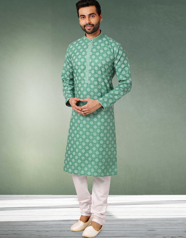 Green Stright Kurta Handloomed In Rich Yarns Of Cotton Churidar