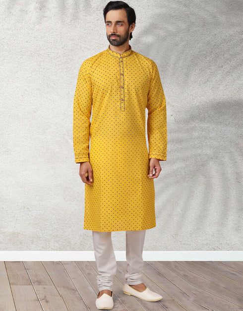 Yellow Stright Kurta Handloomed In Rich Yarns Of Cotton Churidar