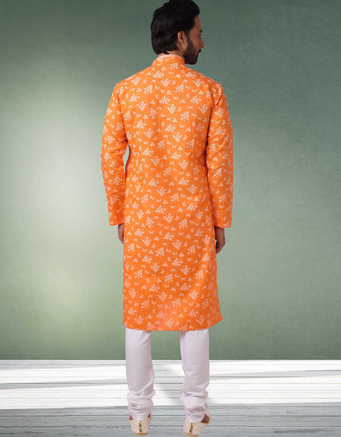 Orange Stright Kurta Handloomed In Rich Yarns Of Cotton Churidar Closure View