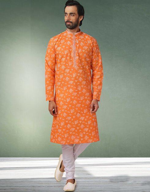 Orange Stright Kurta Handloomed In Rich Yarns Of Cotton Churidar