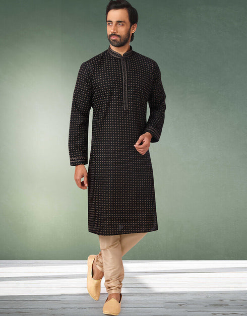 Black Stright Kurta Handloomed In Rich Yarns Of Cotton Churidar