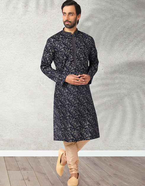Navy Blue Stright Kurta Handloomed In Rich Yarns Of Cotton Churidar