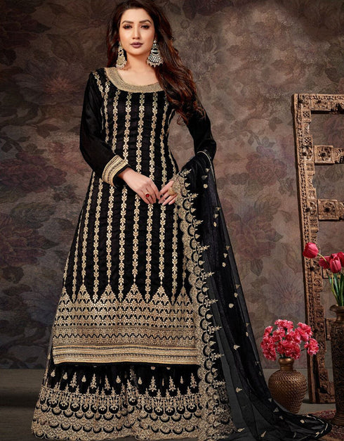 Black Dola Jacquard Sharara Salwar Suits