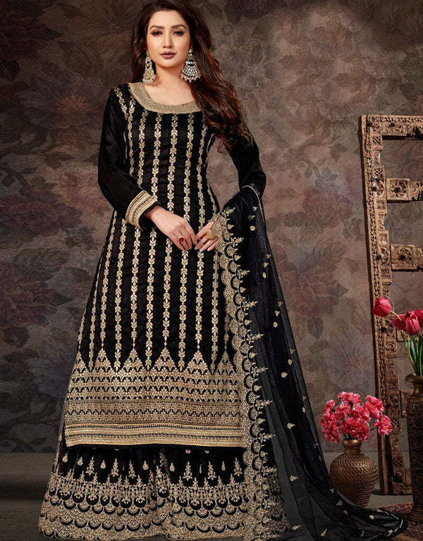 Black Dola Jacquard Sharara Salwar Suits