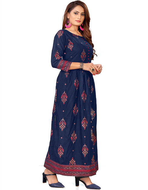 Navy Blue Pure 14Kg Rayon With A-Line Cut Anarkali Gown Closure View