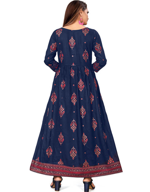 Navy Blue Pure 14Kg Rayon With A-Line Cut Anarkali Gown Back View