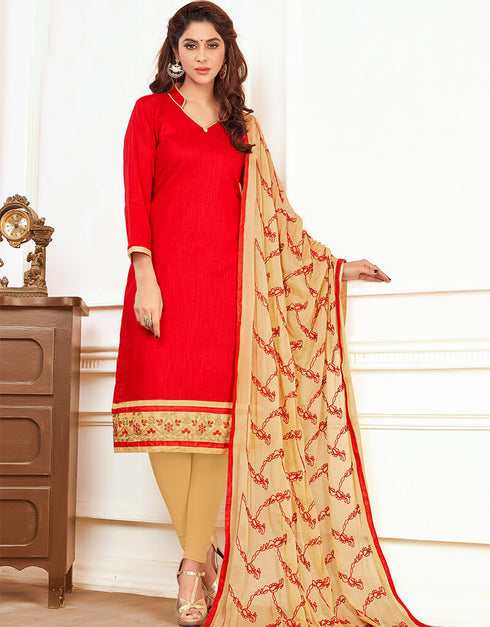 Red Slub Cotton Chudidar Salwar Suits
