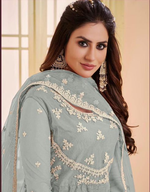 Sky Blue Heavy Net Anarkali Suit Closure View