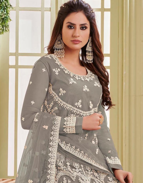 Grey Heavy Net Anarkali Suit Closure View