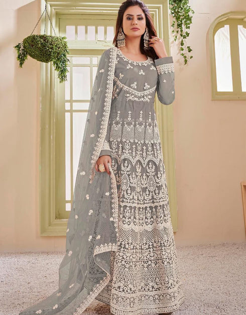 Grey Heavy Net Anarkali Suit