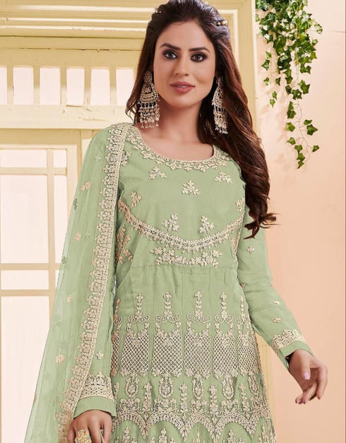 Green Heavy Net Anarkali Suit Closure View
