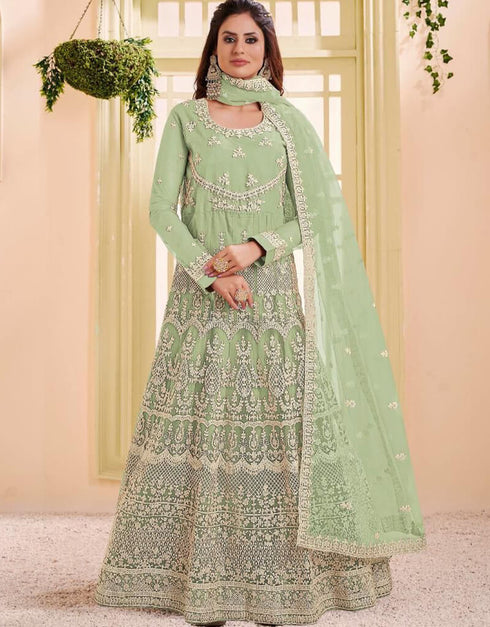 Green Heavy Net Anarkali Suit