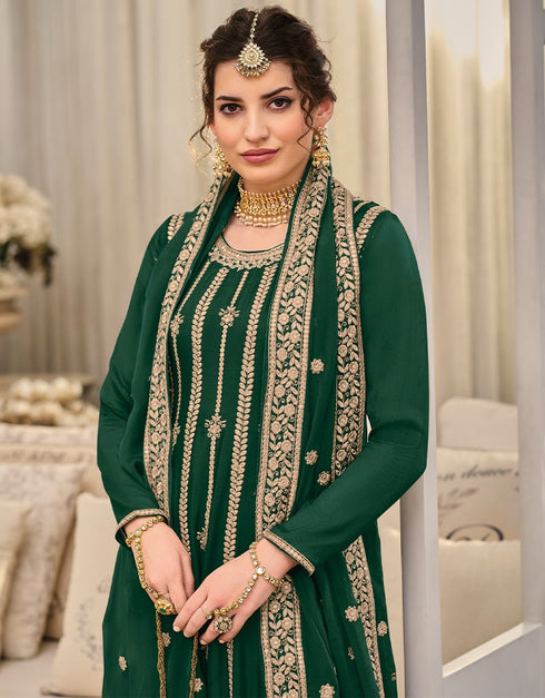 Green Palazzo style Suit Semi-Stitched Suits Salwar Kameez in Embroidery, Sequins & Lace Work Closure View