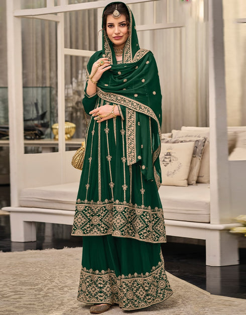 Green Palazzo style Suit Semi-Stitched Suits Salwar Kameez in Embroidery, Sequins & Lace Work