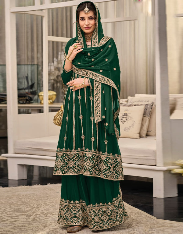 Green Palazzo style Suit Semi-Stitched Suits Salwar Kameez in Embroidery, Sequins & Lace Work