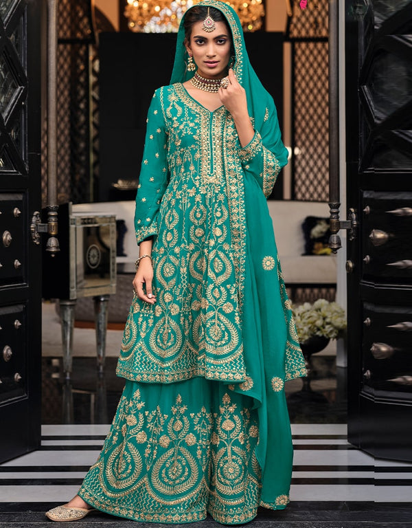 Sky Blue Palazzo style Suit Semi-Stitched Suits Salwar Kameez in Embroidery, Sequins & Lace Work