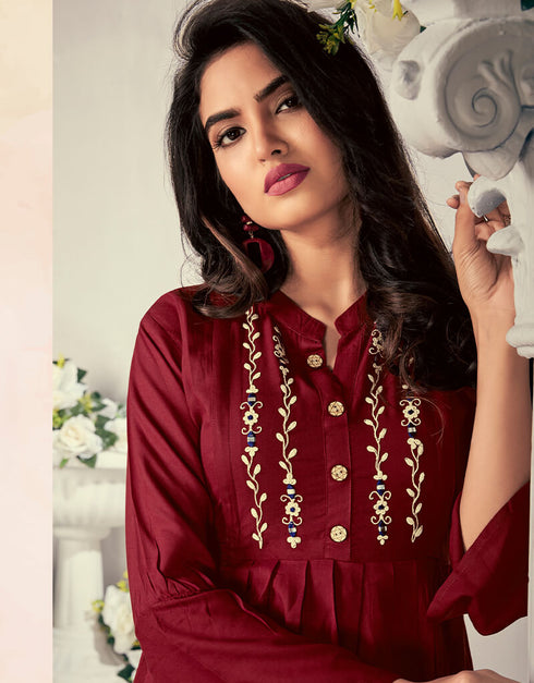 Maroon 14 Kg Heavy Rayon Round Kurti Closure View