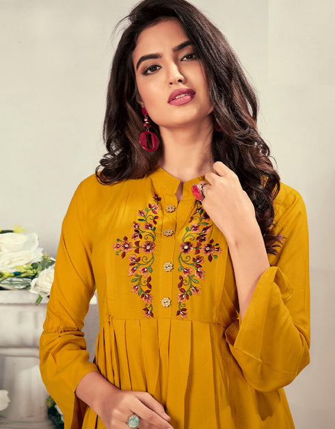 Mustard 14 Kg Heavy Rayon Round Kurti Closure View