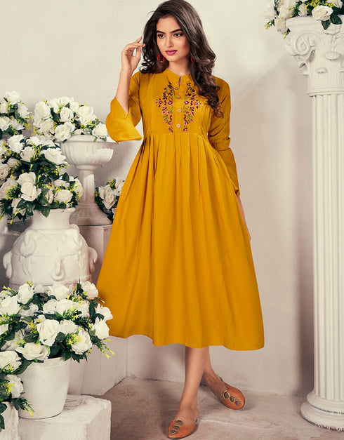 Mustard 14 Kg Heavy Rayon Round Kurti