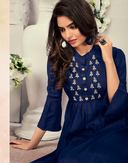 Navy Blue 14 Kg Heavy Rayon Round Kurti Closure View
