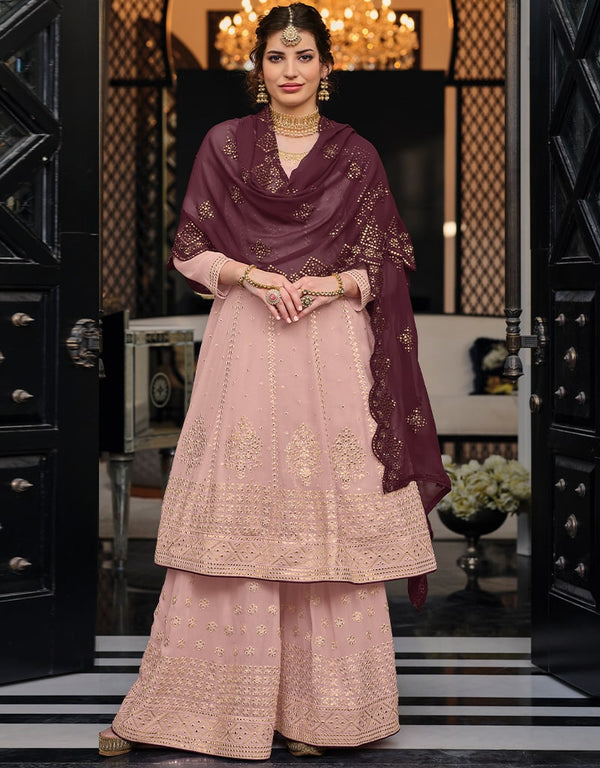 Light Pink Palazzo style Suit Semi-Stitched Suits Salwar Kameez in Embroidery, Sequins & Lace Work