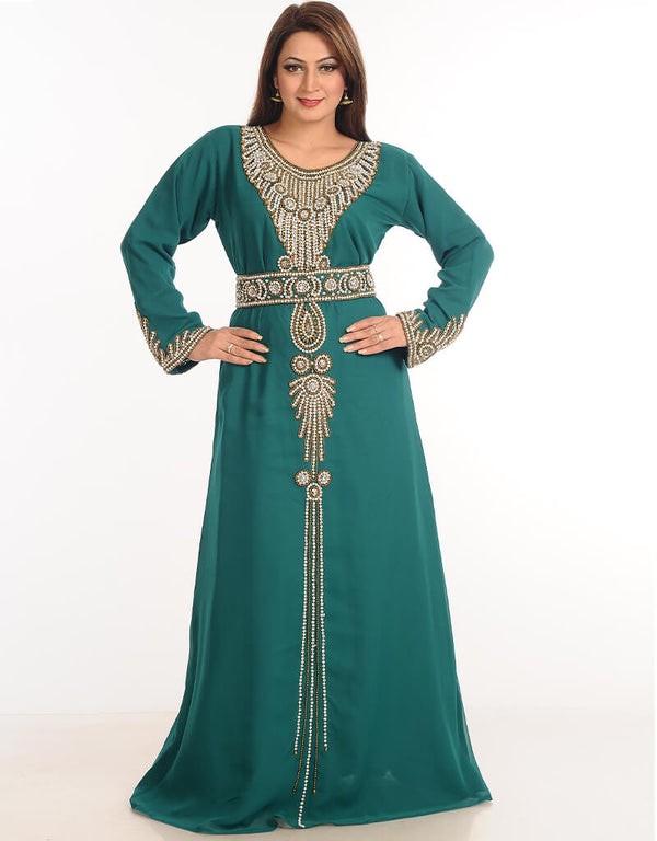 Dubai Rama Green Georgette Hand Embroidery Party Wear Kaftan