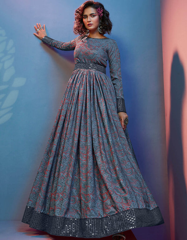 Grey Natural Crepe Anarkali Gown