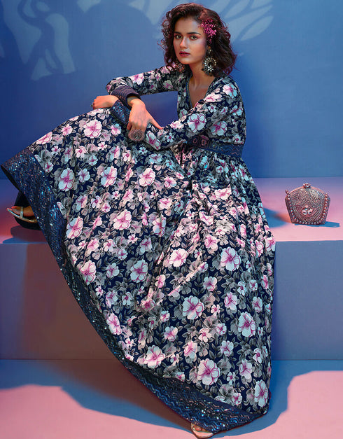 Blue Natural Crepe Anarkali Gown Closure View