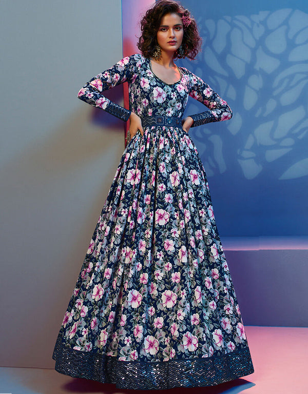 Blue Natural Crepe Anarkali Gown