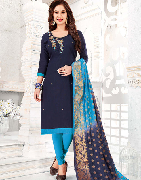 Navy Blue Cotton South Slub Chudidar Salwar Suits