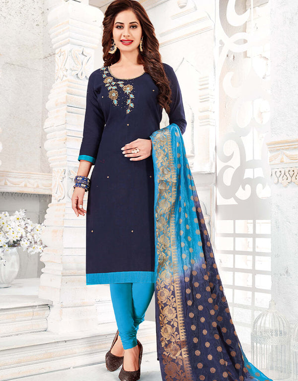 Navy Blue Cotton South Slub Chudidar Salwar Suits
