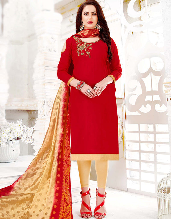 Red Cotton South Slub Chudidar Salwar Suits