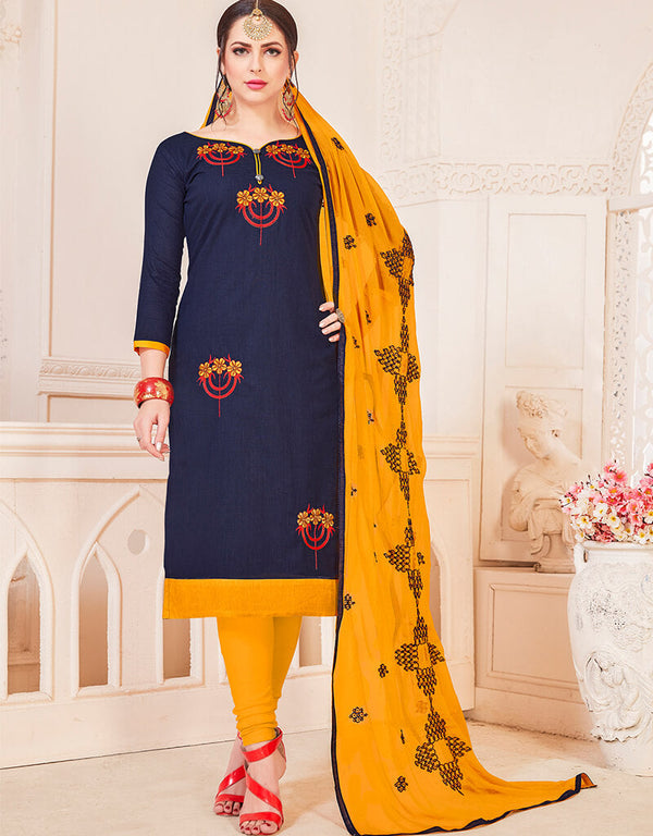 Navy Blue South Cotton Slub Chudidar Salwar Suits