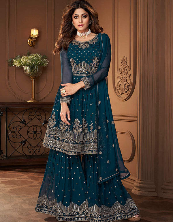 Teal Real Georgette Sharara Salwar Suit