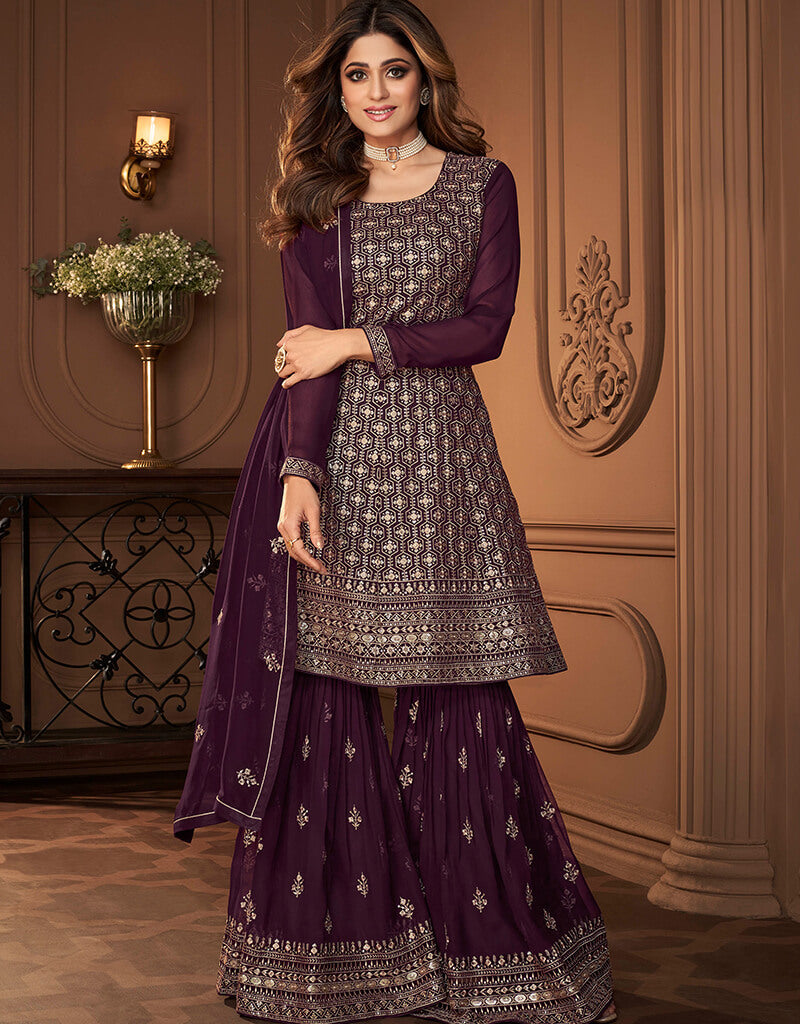 Wine Georgette Embroidery Kurta Salwar Set for Women - Rent main image 0