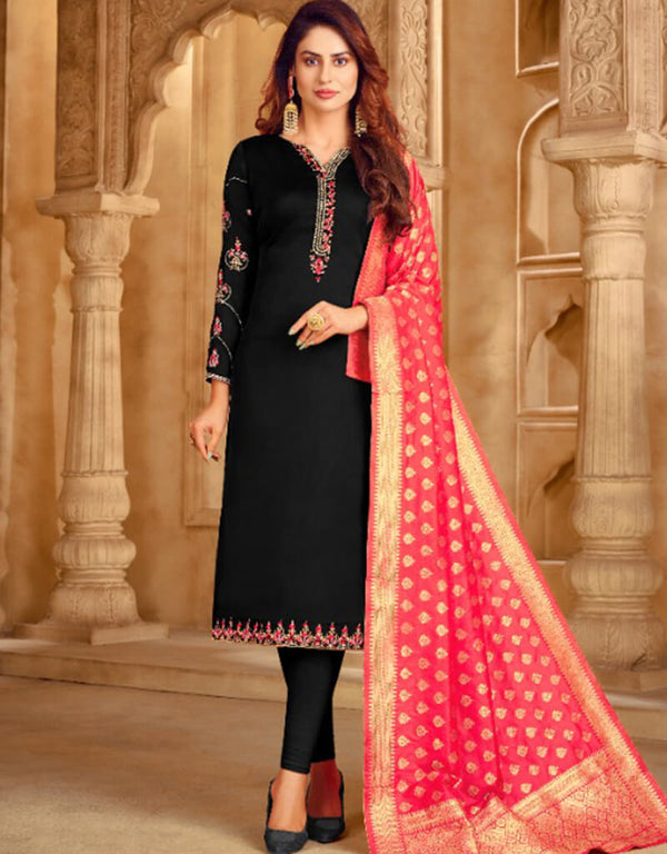 Black Satin Georgette Chudidar Salwar Suits